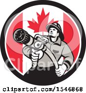 Poster, Art Print Of Retro Fireman Holding A Hose In A Canadian Flag Circle
