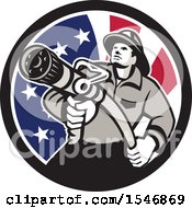 Poster, Art Print Of Retro Fireman Holding A Hose In An American Flag Circle