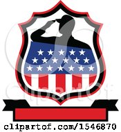 Poster, Art Print Of Silhouetted American Veteran Soldier Saluting In An American Shield Over A Banner