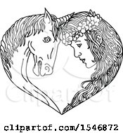 Unicorn And Princess Or Maiden Touching Foreheads And Forming A Heart In Sketched Black And White Style