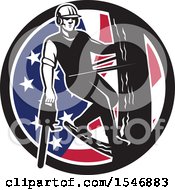 Clipart Of A Retro Male Arborist Climbing A Pole With A Chainsaw In An American Flag Circle Royalty Free Vector Illustration