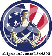 Clipart Of A Retro Male Butcher Sharpening A Knife In An American Flag Circle Royalty Free Vector Illustration