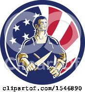 Poster, Art Print Of Retro Male Butcher Sharpening A Knife In An American Flag Circle