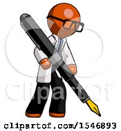 Poster, Art Print Of Orange Doctor Scientist Man Drawing Or Writing With Large Calligraphy Pen