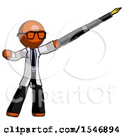 Orange Doctor Scientist Man Pen Is Mightier Than The Sword Calligraphy Pose
