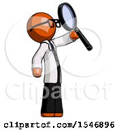 Poster, Art Print Of Orange Doctor Scientist Man Inspecting With Large Magnifying Glass Facing Up