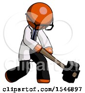 Poster, Art Print Of Orange Doctor Scientist Man Hitting With Sledgehammer Or Smashing Something At Angle