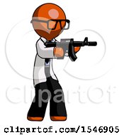 Poster, Art Print Of Orange Doctor Scientist Man Shooting Automatic Assault Weapon
