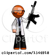 Poster, Art Print Of Orange Doctor Scientist Man Holding Automatic Gun