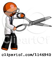 Orange Doctor Scientist Man Holding Giant Scissors Cutting Out Something