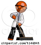 Poster, Art Print Of Orange Doctor Scientist Man Cleaning Services Janitor Sweeping Floor With Push Broom