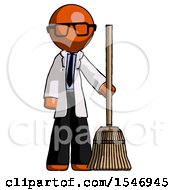 Poster, Art Print Of Orange Doctor Scientist Man Standing With Broom Cleaning Services