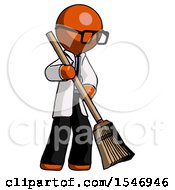 Orange Doctor Scientist Man Sweeping Area With Broom