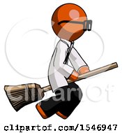 Poster, Art Print Of Orange Doctor Scientist Man Flying On Broom