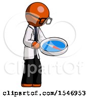 Poster, Art Print Of Orange Doctor Scientist Man Looking At Large Compass Facing Right