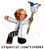 Poster, Art Print Of Orange Doctor Scientist Man Holding Jester Staff Posing Charismatically