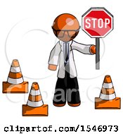 Poster, Art Print Of Orange Doctor Scientist Man Holding Stop Sign By Traffic Cones Under Construction Concept