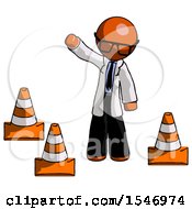 Poster, Art Print Of Orange Doctor Scientist Man Standing By Traffic Cones Waving