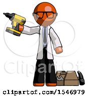 Poster, Art Print Of Orange Doctor Scientist Man Holding Drill Ready To Work Toolchest And Tools To Right