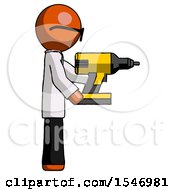 Poster, Art Print Of Orange Doctor Scientist Man Using Drill Drilling Something On Right Side