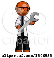 Orange Doctor Scientist Man Holding Large Wrench With Both Hands