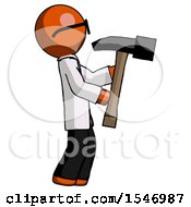 Poster, Art Print Of Orange Doctor Scientist Man Hammering Something On The Right