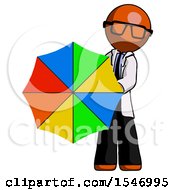 Poster, Art Print Of Orange Doctor Scientist Man Holding Rainbow Umbrella Out To Viewer