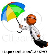Poster, Art Print Of Orange Doctor Scientist Man Flying With Rainbow Colored Umbrella