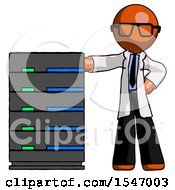 Poster, Art Print Of Orange Doctor Scientist Man With Server Rack Leaning Confidently Against It