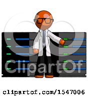 Poster, Art Print Of Orange Doctor Scientist Man With Server Racks In Front Of Two Networked Systems