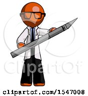 Orange Doctor Scientist Man Holding Large Scalpel
