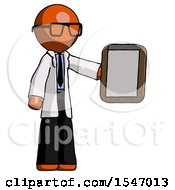 Poster, Art Print Of Orange Doctor Scientist Man Showing Clipboard To Viewer