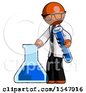 Poster, Art Print Of Orange Doctor Scientist Man Holding Test Tube Beside Beaker Or Flask