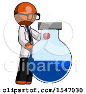 Poster, Art Print Of Orange Doctor Scientist Man Standing Beside Large Round Flask Or Beaker