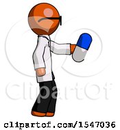 Poster, Art Print Of Orange Doctor Scientist Man Holding Blue Pill Walking To Right