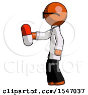 Poster, Art Print Of Orange Doctor Scientist Man Holding Red Pill Walking To Left