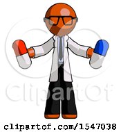 Poster, Art Print Of Orange Doctor Scientist Man Holding A Red Pill And Blue Pill