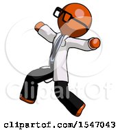 Poster, Art Print Of Orange Doctor Scientist Man Running Away In Hysterical Panic Direction Left