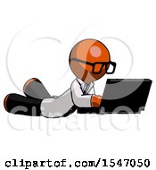 Orange Doctor Scientist Man Using Laptop Computer While Lying On Floor Side Angled View