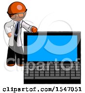 Poster, Art Print Of Orange Doctor Scientist Man Beside Large Laptop Computer Leaning Against It