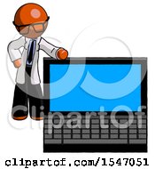 Orange Doctor Scientist Man Beside Large Laptop Computer Leaning Against It