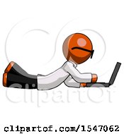 Poster, Art Print Of Orange Doctor Scientist Man Using Laptop Computer While Lying On Floor Side View