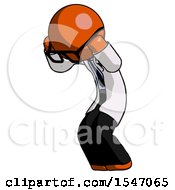 Orange Doctor Scientist Man With Headache Or Covering Ears Turned To His Left