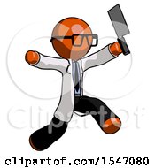Poster, Art Print Of Orange Doctor Scientist Man Psycho Running With Meat Cleaver