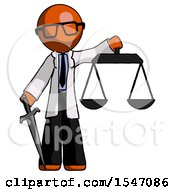 Poster, Art Print Of Orange Doctor Scientist Man Justice Concept With Scales And Sword Justicia Derived