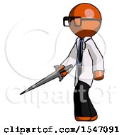 Poster, Art Print Of Orange Doctor Scientist Man With Sword Walking Confidently