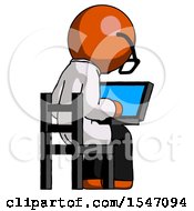 Poster, Art Print Of Orange Doctor Scientist Man Using Laptop Computer While Sitting In Chair View From Back