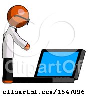 Poster, Art Print Of Orange Doctor Scientist Man Using Large Laptop Computer Side Orthographic View