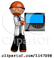 Poster, Art Print Of Orange Doctor Scientist Man Holding Laptop Computer Presenting Something On Screen