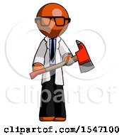 Poster, Art Print Of Orange Doctor Scientist Man Holding Red Fire Fighters Ax